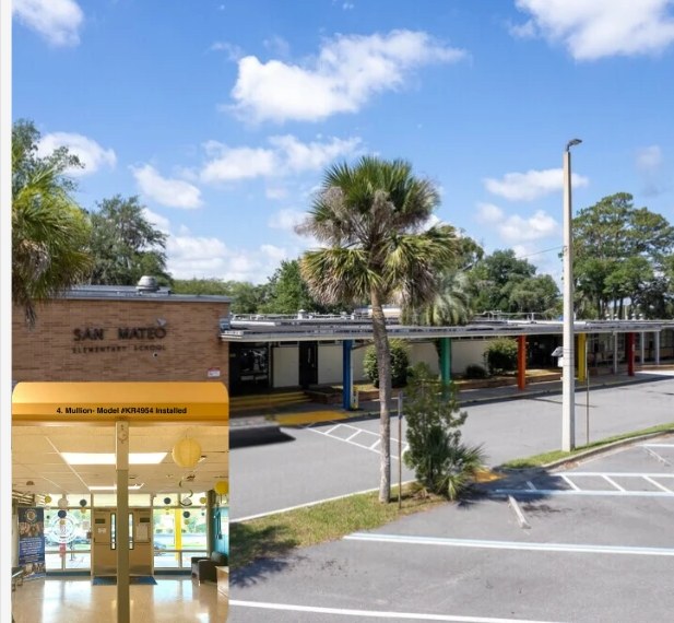 San Mateo Elementary School exterior with parking lot and covered walkway