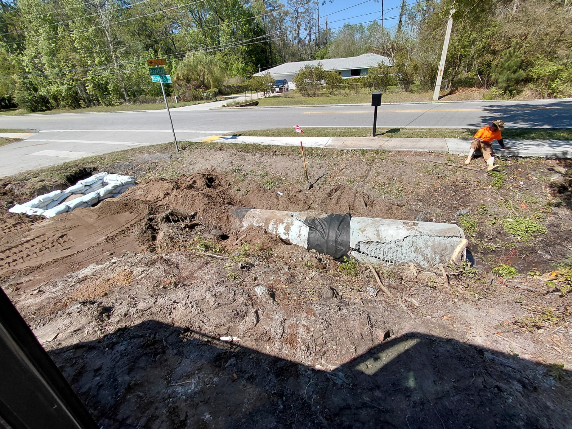 Bertha Street work zone with existing pipe removed and grading underway