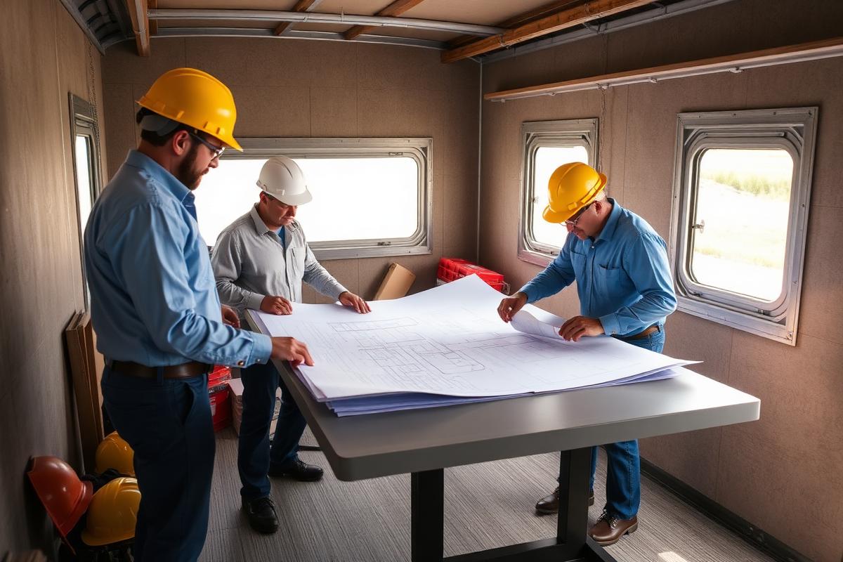 Team reviewing site development plans in a construction trailer